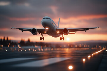Large passenger plane takes off from the runway at sunrise