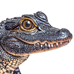 Fototapeta premium Detailed close-up of an alligator head, isolated against a white backdrop
