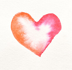 Fototapeta premium Vibrant watercolor heart illustration in red and orange hues with artistic texture on white background.