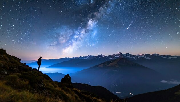 Silhouetted figure on mountaintop under a night sky filled with stars and the Milky Way