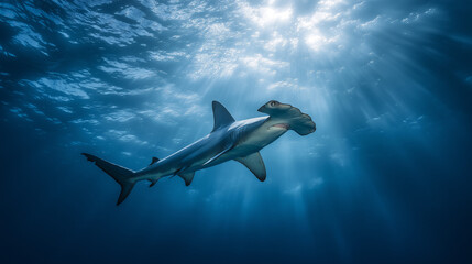 Obraz premium scalloped hammerhead shark swimming away deep in blue water, dramatic light shafts breaking through, wide-angle underwater shot.
