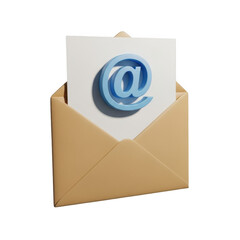 3d blue at symbol email icon emerging from brown envelope