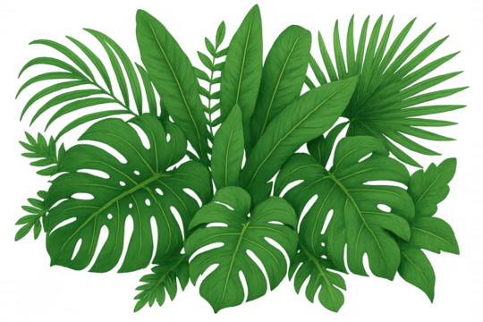 Tropical green foliage illustration featuring monstera, palm, and banana leaves forming a lush botanical design on transparent background