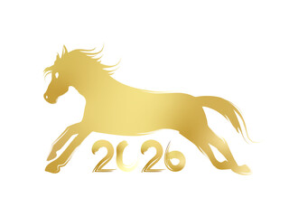 午年の馬の金色のシルエット　筆の墨絵の年賀状素材

