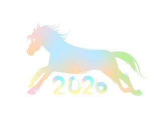 午年の虹色の馬のカラフルなシルエット　筆の墨絵の年賀状素材

