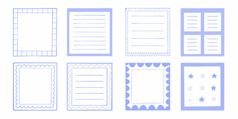 Collection of hand drawn blue borders and frames for notes and journal entries