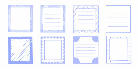 Collection of eight hand drawn decorative blue frames and borders for notes and journaling