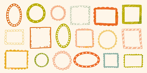 Collection of hand drawn decorative frames and borders in various shapes and colors