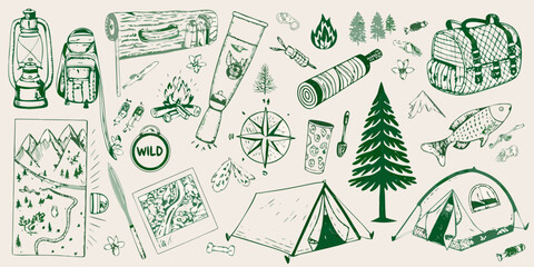 Collection of hand drawn camping and outdoor adventure elements including tents lanterns backpacks and nature scenes