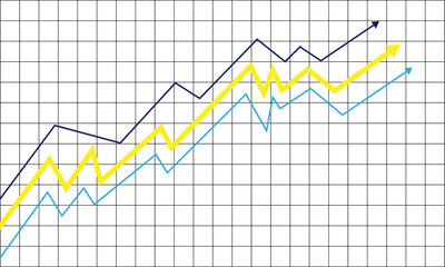 Upward trending graph with three lines on grid paper isolated on transparent background