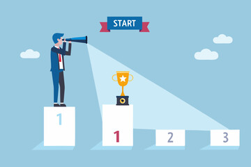 Businessman with telescope looking at trophy on podium with start banner above symbolizing goal achievement and success