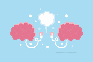 Two pink brains connected by light bulbs and a speech bubble symbolizing communication and ideas