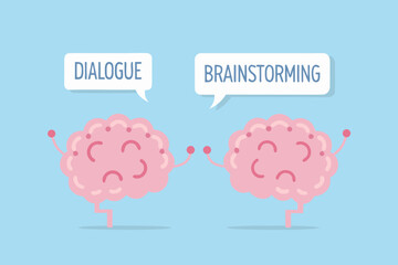 Two cartoon brains communicating through dialogue and brainstorming ideas on a light blue background
