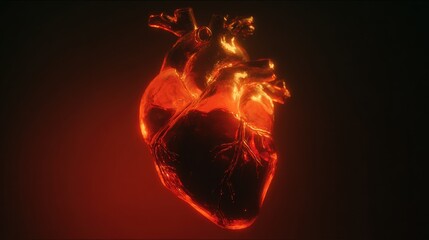 An artistic depiction of a heart emits a warm glow, showcasing intricate details. The heart, highlighted in red, is set against a dark background, creating a striking visual.