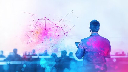 Businessman standing with back to camera holding a laptop in a vibrant conference or presentation setting with colorful abstract digital graphics and network connections