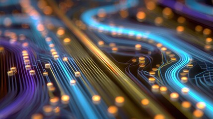 Abstract depiction of electronic pathways, circuits, and components rendered with depth of field