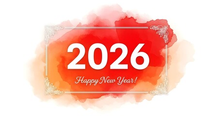 A 2026 Happy New Year Greeting Card with Red Watercolor Background and Elegant Floral Frame Design