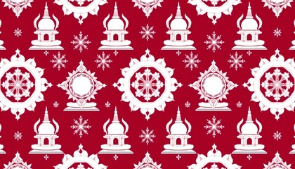 Geometric Buddhist Pattern with Stupas and Dharma Wheels