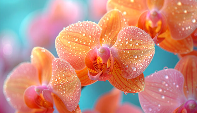 Close-up of vibrant orange orchids with water droplets on petals.