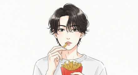 フライドポテトを食べる男性のアニメ風イラスト  