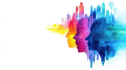 Fotobehang Abstracte kunst Colorful abstract watercolor painting featu multiple overlapping human head silhouettes in vibrant shades representing diversity creativity and imagination  © taweesak
