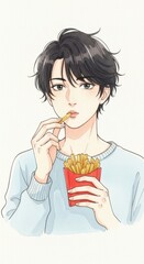 フライドポテトを食べる男性のアニメ風イラスト  