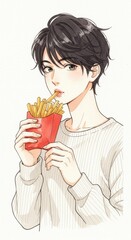 フライドポテトを食べる男性のアニメ風イラスト  