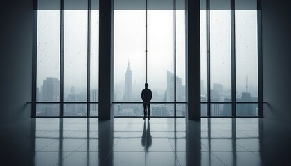 Fototapeta premium A lone figure stands contemplating the city skyline through a large window on a rainy day
