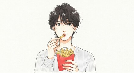 フライドポテトを食べる男性のアニメ風イラスト  