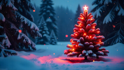 Festive Pine: A beautifully lit Christmas tree stands tall amidst a snow-covered winter landscape, creating a magical and serene holiday scene.