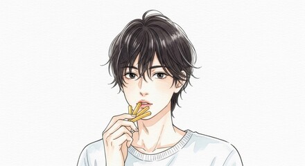 フライドポテトを食べる男性のアニメ風イラスト  