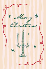 Vintage hand drawn christmas card design template with candlestick.