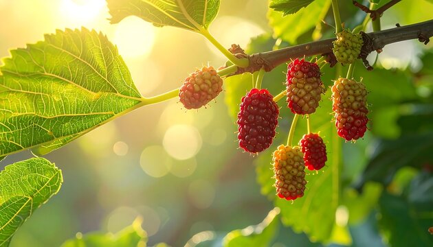 Branch with green leaves and ripe red fruit