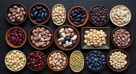 Variety of Beans in Bowls on Dark Surface, Top View