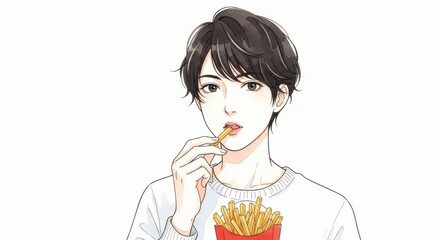 フライドポテトを食べる男性のアニメ風イラスト  