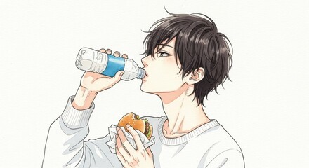 水を飲みながらハンバーガーを食べる男性
