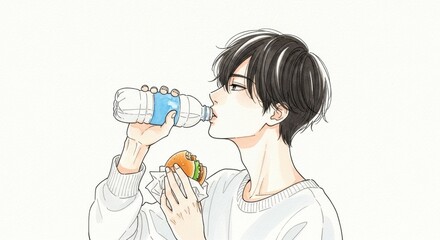 水を飲みながらハンバーガーを食べる男性