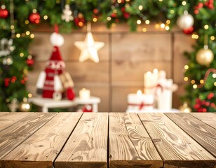 Empty wooden table with festive Christmas backdrop