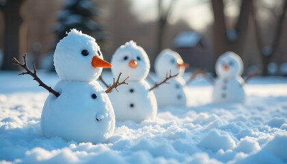 Winter's Charming Snowmen: A whimsical display of snowmen stand in a snowy expanse. Capturing a feeling of winter cheer, each snowman is a unique character, bringing joy and nostalgia.