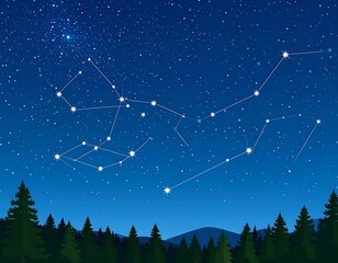 Starry night sky with constellations over a forest