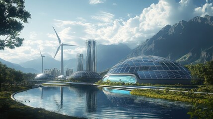 Sustainable energy development eco-city digital art serene landscape aerial view future concepts