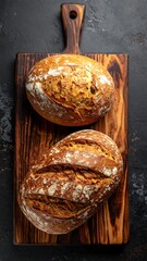 Two loaves of rustic bread on a wooden board