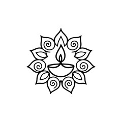 Intricate diya and floral mandala design outline
