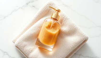 Luxury hand soap in a clear dispenser with a gold pump sits atop a soft, beige towel on a veined marble surface