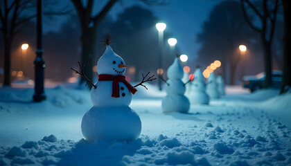 Snowman's Winter Promenade: A charming snowman stands on a snow-covered path amidst a winter landscape, illuminated by streetlights, evokes feelings of the winter holiday spirit.