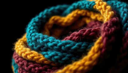 Fototapeta premium Close up of looped, brightly colored knit material displaying interesting textures and yarn strands on a dark background