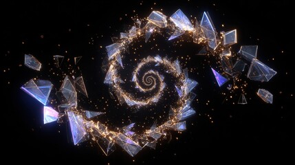 An abstract, swirling spiral of broken, geometric crystalline shapes with golden particles on a black background