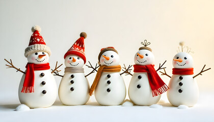 Festive Snowmen's Gathering: A charming group of snowmen, each with their own unique personality, stand together, radiating winter cheer with cheerful smiles and colorful accessories. 