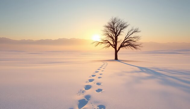 Lone silhouette tree in winter landscape with trail of footprints and mountains in the background at daybreak