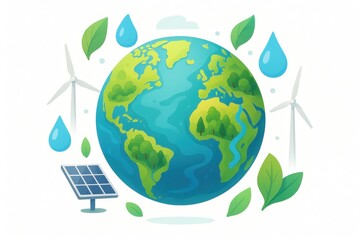 Naklejka premium Sustainable green planet surrounded by renewable energy icons and lush nature elements